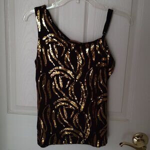 Ellen Tracy Brown Gold Sequin Asymmetrical Sleeveless Evening Top Small